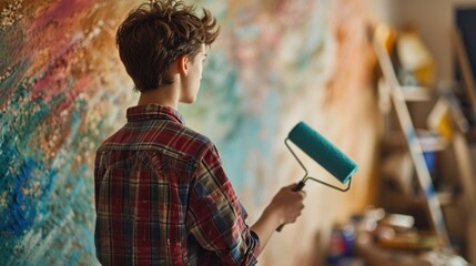 Rear view of a young man coloring wall of the living room with paint roller.
