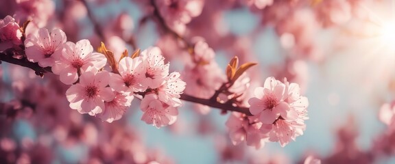 Obraz premium Spring border or background art with pink blossom. Beautiful nature scene with blooming tree and sunny
