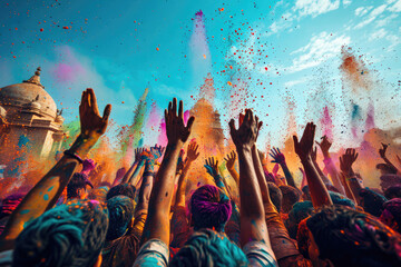 Festival de Holi en la India: Personas lanzándose polvo de colores en una celebración alegre - obrazy, fototapety, plakaty