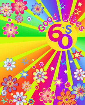 60&rsquo;s hippie style art vertical banner with multicolored sunburst, good vibes slogan and colorful flowers-powers and stars for cassette disco party