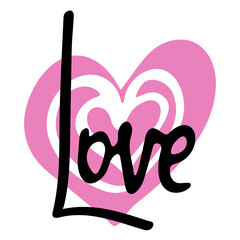 Love word hand drawn lettering with pink heart. Calligraphy script love text. Design for print on shirt, poster, banner, sticker