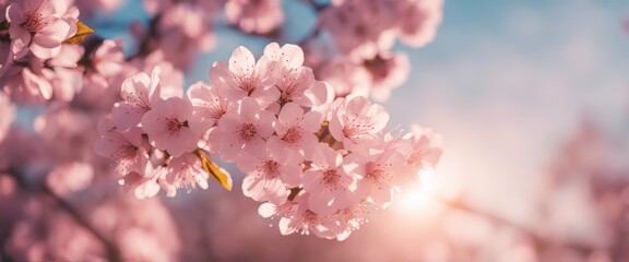 Spring border or background art with pink blossom. Beautiful nature scene with blooming tree and sunny