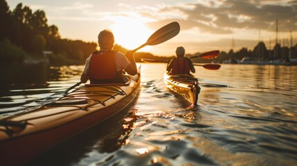 Senior couple kayaking on the lake together at sunset - obrazy, fototapety, plakaty