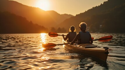 Senior couple kayaking on the lake together at sunset