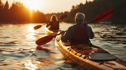 Senior couple kayaking on the lake together at sunset