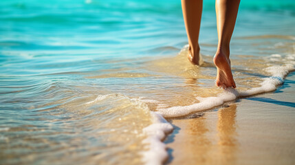 close-up of female legs walking on the sea beach