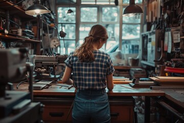Woman working at the shed of a small business - obrazy, fototapety, plakaty