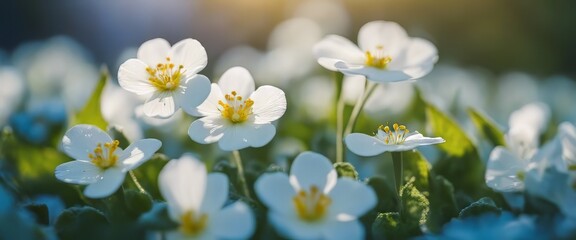 Spring forest white flowers primroses on a beautiful blue background macro. Blurred gentle sky
