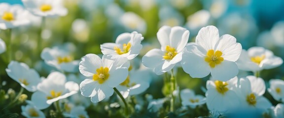 Spring forest white flowers primroses on a beautiful blue background macro. Blurred gentle sky