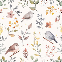 Watercolour floral pattern with birds, soft airy colours, spring time pattern