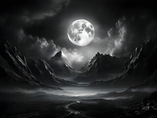 Naklejka na ściany i meble Fantasy landscape with mountains and moon.