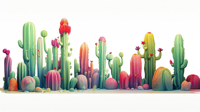Group of Colorful Cactuses Aligned in a Row, Vibrant Desert Plants Arranged in a Line