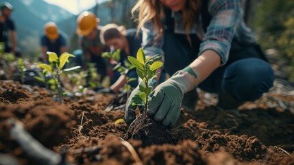 Volunteers plant trees together in a nature campaign