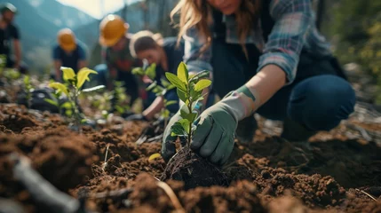  Volunteers plant trees together in a nature campaign © ND STOCK