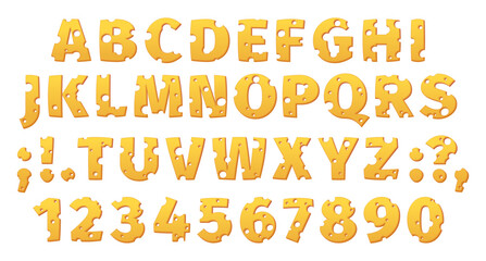 Cheese typography. Cartoon whole letters of delicious snack food, abstract characters of tasty cheeses for restaurant menu design. Vector set. Yummy numbers and abc font isolated set