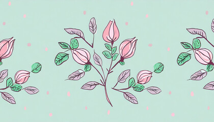 Fototapeta premium floral pattern, two pink rosebuds and a branch of mint