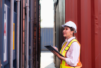 Workers in the import and export industries inspect the cargo of containers while holding a laptop and standing between them.