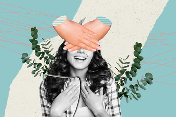 Photo collage image young cheerful girl closed covered eyes surprise preparation holiday event happy smile curiosity drawing background