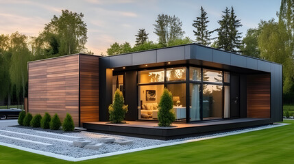 Fototapeta premium Luxury minimalist cubic house with wooden cladding and black panel walls, landscaping design front yard. Exterior of a residential building