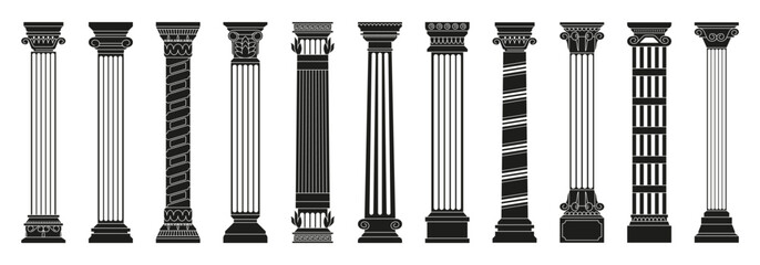 Black antique columns. Ancient roman doric columns with carved decorative elements, old greek architecture construction parts, mediterranean classic. Vector isolated set. Objects for building facade - obrazy, fototapety, plakaty