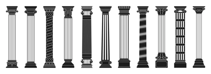 Fotobehang Black antique columns. Ancient roman doric columns with carved decorative elements, old greek architecture construction parts, mediterranean classic. Vector isolated set. Objects for building facade © Frogella.stock