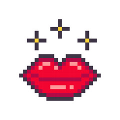 Red lips isolated on white background. Female mouth pixel icon. Smile. Romantic symbol. Vector illustration in 8 bit old style.