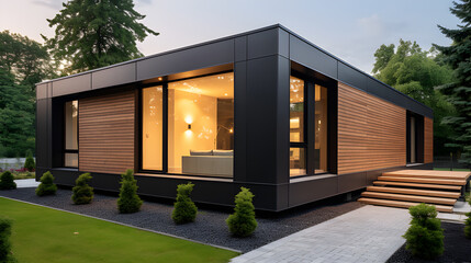 Luxury minimalist cubic house with wooden cladding and black panel walls, landscaping design front yard. Exterior of a residential building