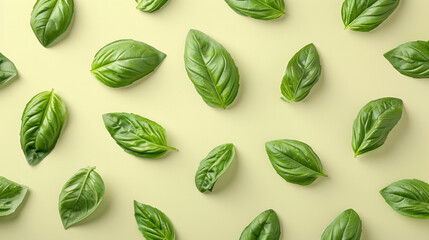 green basil leaves on a pastel yellow  background 