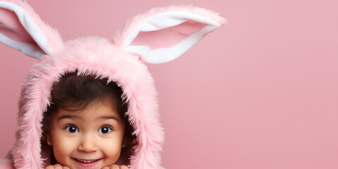 Cute smiling girl wearing Easter bunny costume with empty space for text over pink background