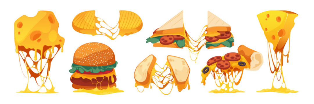 Melted cheese sandwich. Cartoon stretched mozzarella with grilled cheese, fast food with dripping cheese and sauce flat design. Vector set. Hot burger, pizza slice and toast with cheddar
