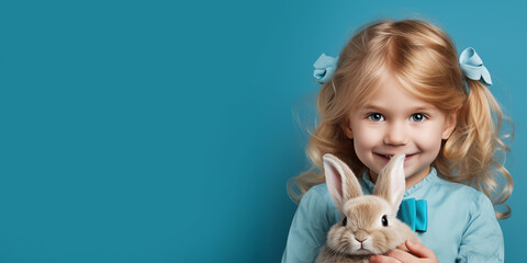 Cute smiling blond girl with Easter bunny and empty space for text over blue background