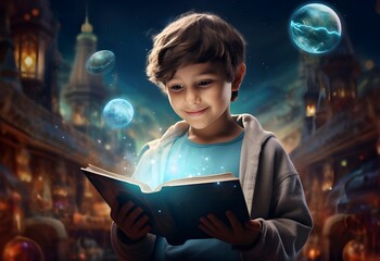 child with magic book - obrazy, fototapety, plakaty