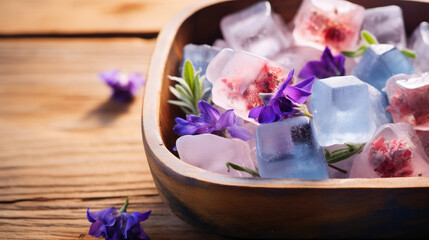 Ice cubes with herbs and flowers 