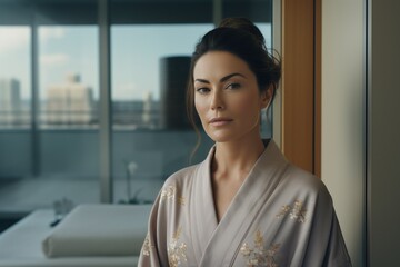 Beautiful girl in a white coat. Face mask. Moisturizing the skin. Rest at the hotel. Spa. Good morning. A woman rejuvenates her skin. Facial care in the morning.