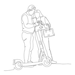 Couple arranging payment with mobile phone to rent electric scooter. Continuous line drawing. Black and white vector illustration in line art style.