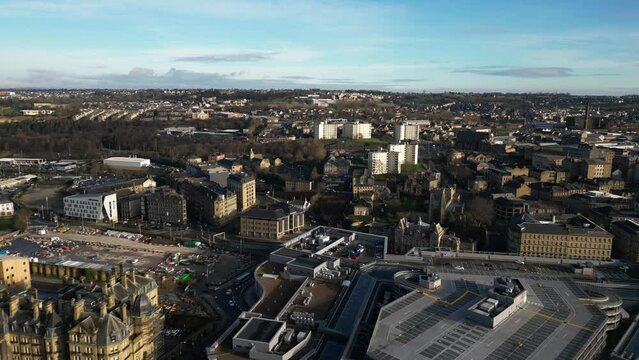 Aerial footage flying over Bradford City Centre in West Yorkshire