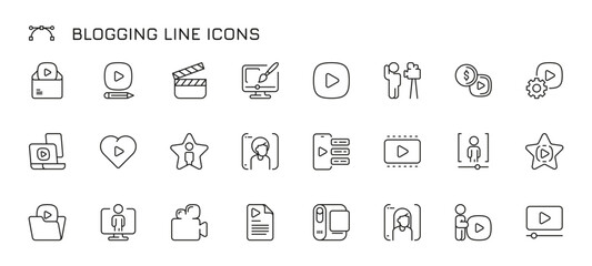 Video blogger line icons. Ifluencer social media subscription, message and comment in linear style, people acting and telling stories. Vector flat set. Editing video content, blogging concept
