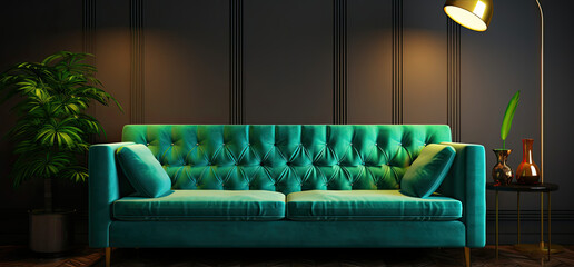Green Couch in Living Room With Lamp