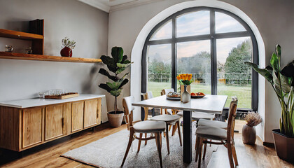 Interior design of modern small dining room with arched window.
