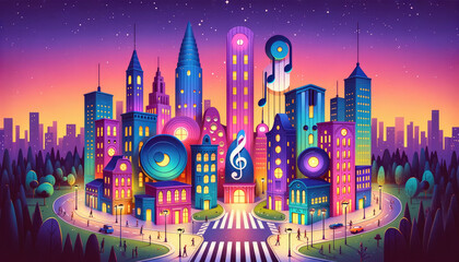 Melodic Metropolis at Twilight: Colorful Instrumental Cityscape Panorama