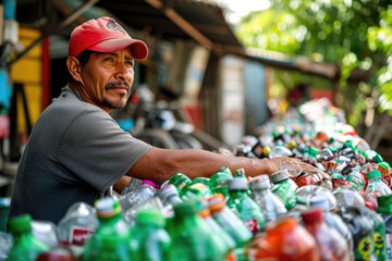 Fotografía de trabajadores de planta de reciclaje trabajando clasificando el plástico para ser...