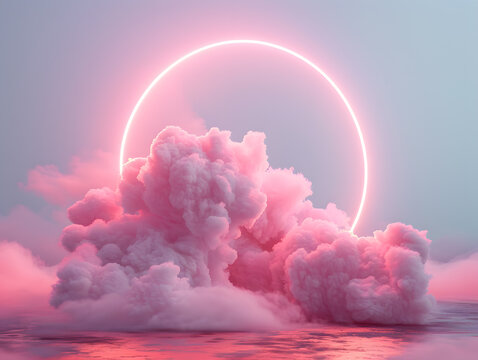 3D illustration of a glow pink circle in the sky with clouds and water