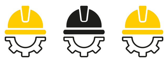 Construction helmet on the gear icons set. Construction, labor and engineering symbols.