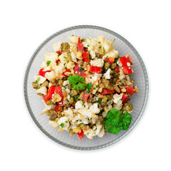 Cauliflower Mung Bean and Bell Pepper Salad, Vegan Food, Tasty Appetizer on White Background