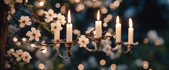 white flowering branch and 3 white candle lights outside in a garden, floral concept with burning candel - obrazy, fototapety, plakaty