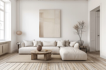 A serene and stylish living room bathed in natural light, adorned with minimalistic decor and neutral tones