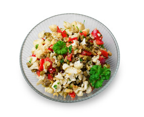 Cauliflower Mung Bean and Bell Pepper Salad, Vegan Food, Tasty Appetizer on White Background