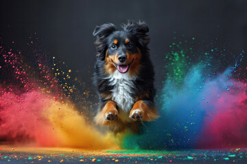 jumping bernese  dog in colourful smoke 