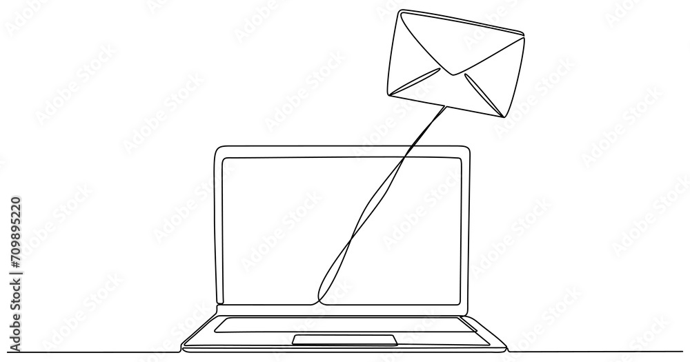 Poster laptop with envelope continuous line drawing. send message concept. vector illustration isolated on 