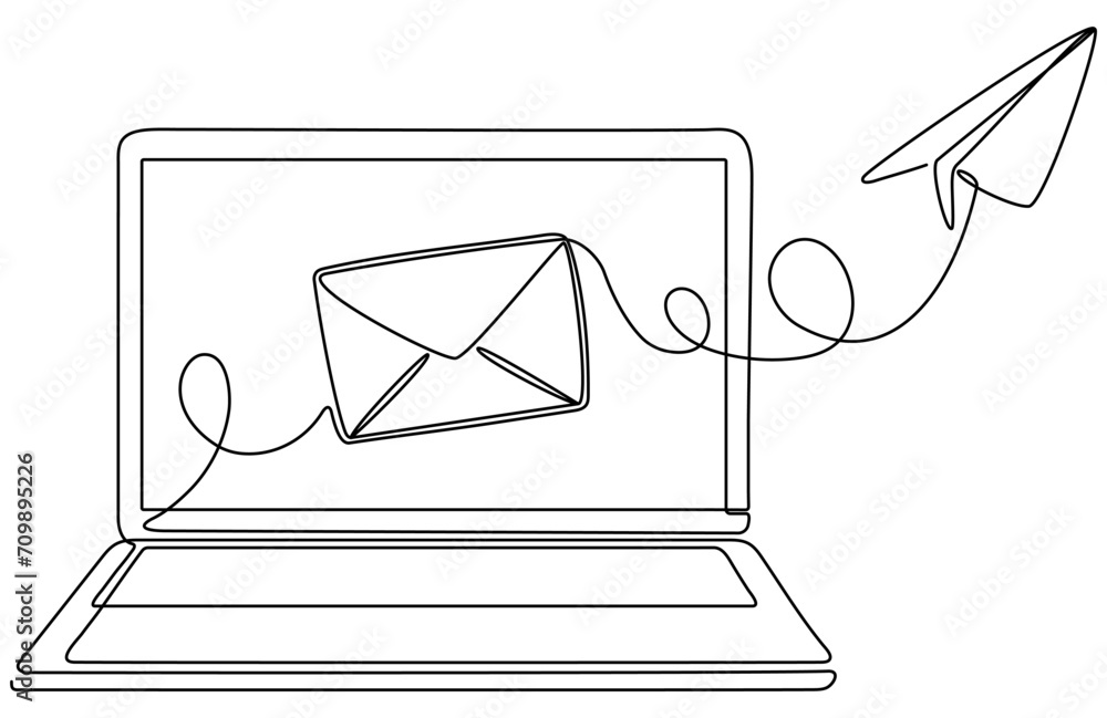 Poster laptop with envelope and paper plane continuous line drawing. send message concept. vector illustrat